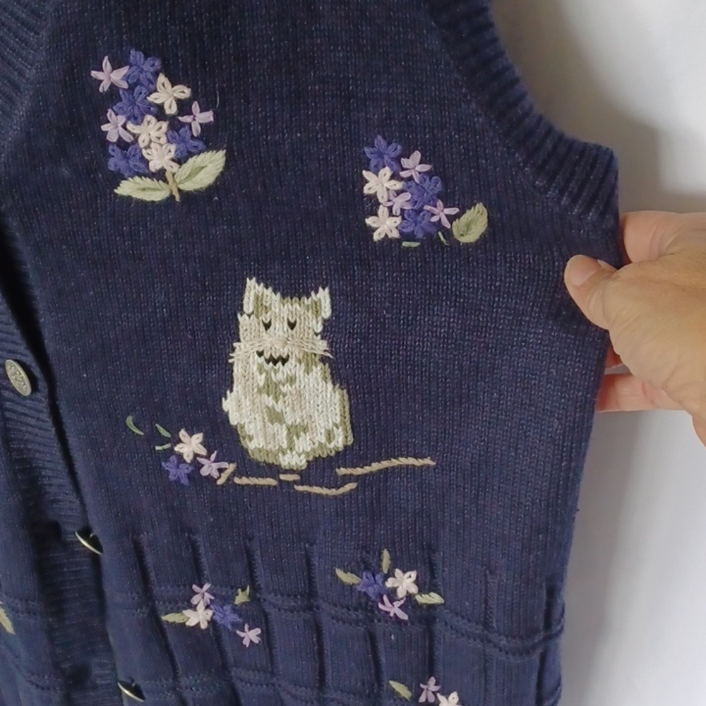 Vtg Northern Reflections Floral Kitty Knit Sweater Vest Embroidered Garden sz L - Picture 2 of 5
